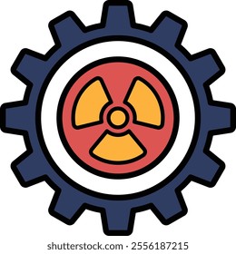 A graphic of a gear with a red and yellow radioactive symbol in the middle. The design is bold and eye-catching, with a sense of danger and caution