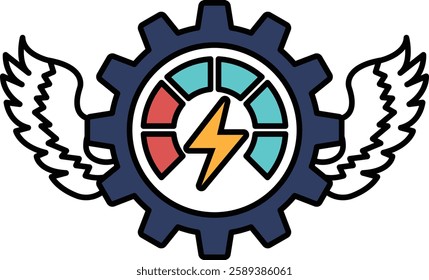 A graphic of a gear with wings on either side of it. The gear is surrounded by a circle with a lightning bolt in the center. The wings are white and the gear is blue. Scene is energetic and dynamic