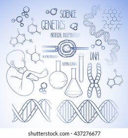 Graphic genetic research set. Vector medical and science collection in blue colors. Coloring book page design for adults and kids