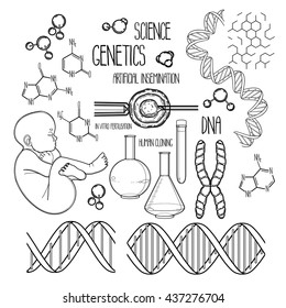 Graphic genetic research set. Vector medical and science collection isolated on white background. Coloring book page design for adults and kids