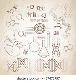 Graphic genetic research set. Vector medical and science collection isolated on aged texture