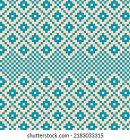 Graphic geometric blue pixel pattern with Ukrainian folk motifs. Great ethnic element for your design. Concept fashion retro textile. Ornamental decorative texture.