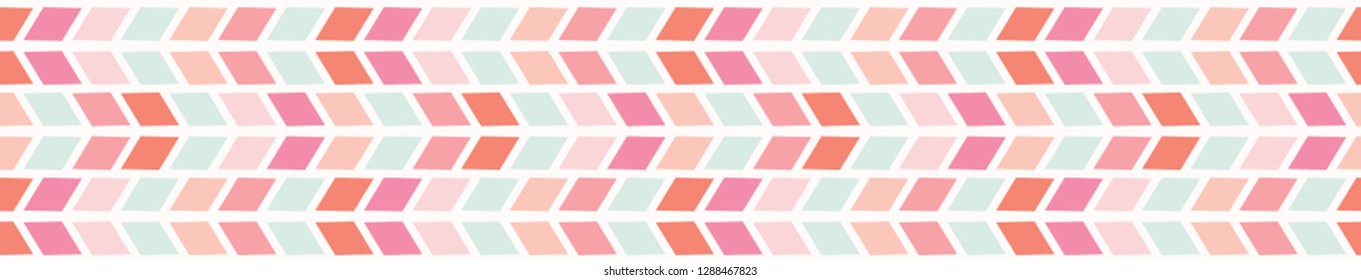 Graphic geometric cube step mosaic. Abstract seamless vector border. Trendy coral pink edge trim with 3d diamond stepping shape. Stylish illustration for home decor or modern banner ribbon washi tape.