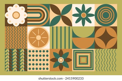 Banner de plantas geométricas gráficas de estilo plano, patrón natural y líneas, diseño de baldosas. Ilustración vectorial.