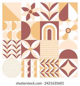 Graphic geometric plants square card in a flat style, natural pattern and lines, tile design. Vector illustration.