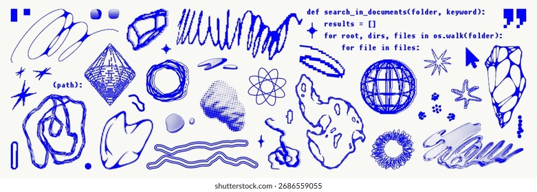 Graphic geometric shape asset pack. Pixelated, bitmap abstract figures and pattern. Trendy y2k 00s retro futuristic designs for posters, clothing and sticker.