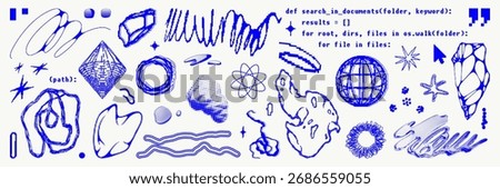 Graphic geometric shape asset pack. Pixelated, bitmap abstract figures and pattern. Trendy y2k 00s retro futuristic designs for posters, clothing and sticker.