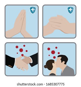 Graphic gestures of greeting including namaste, kissing and hand shaking