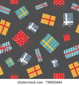 Graphic gift seamless presents cute pattern with grunge texture. Christmas, holidays, winter background for any paper design, packaging or textile fabrics.