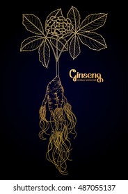 Graphic ginseng root and berries drawn in line art style. Herbal medicine. Vector plants in golden colors.