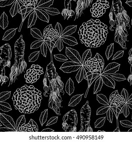 Graphic ginseng seamless pattern with roots and berries drawn in line art style. Herbal medicine.