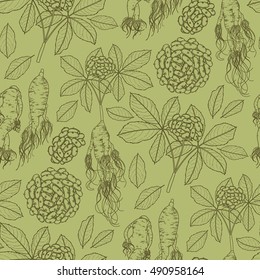 Graphic ginseng seamless pattern with roots and berries drawn in line art style. Herbal medicine.