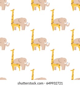 Graphic giraffe and big elephant isolated on white seamless pattern. Closeup vector illustration of exotic animals endless texture