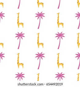Graphic giraffe and cartoon exotic palm tree isolated on white seamless pattern. Closeup vector illustration of african animal with long neck