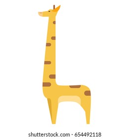 Graphic giraffe in yellow and brown colors standing isolated on white. Closeup vector illustration of exotic animal with long neck