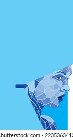 Graphic girl in blue tones symbolizing the cold. The Snow Queen. Separation form. Place for text on hair