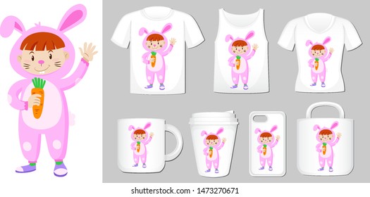 Graphic of girl in bunny costume on different types of product template illustration