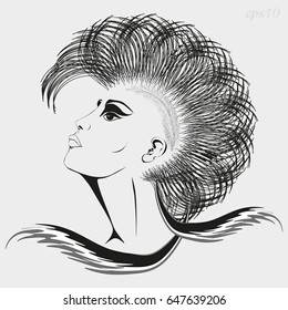 Graphic of girl with Iroquois haircut
Profile of woman with hair styling in hipster style, long hair, tattoo pen on head drawing black white