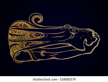 Graphic girl tearing off the octopus from her head. Tattoo art or t-shirt design. Vector illustration in gold colors