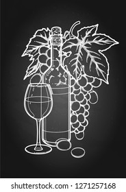 Graphic glass of wine, bottle and bunch of grapes. Kitchen still life. Vector design isolated on the chalkboard background