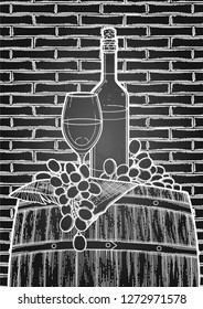 Graphic glass of wine, bottle, grapes and sackcloth on the wooden barrel with brick wall on the background. Kitchen still life. Vector isolated artwork