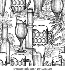 Graphic glasses of beer, bottles, malts and hops. Vintage vector seamless pattern. Oktoberfest design drawn in engraving technique. Coloring book page