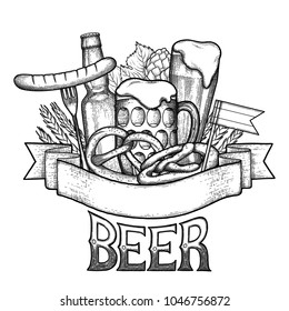 Graphic glasses of beer, bottles, sausages, pretzels and flags over the vintage ribbon. Vintage vector oktoberfest art drawn in engraving technique. Coloring book page design