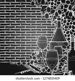 Graphic glasses of wine, bottles, grapes and cheese on the wooden table with brick wall on the background. Kitchen still life. Vector isolated artwork