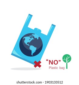 Graphic globe in blue plastic bag with text no plastic bag.