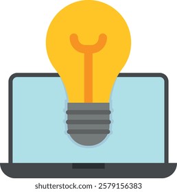 Graphic of a glowing yellow light bulb in front of a gray laptop with a light blue screen. Symbolizes idea or innovation facilitated by technology. Creativity and technology.