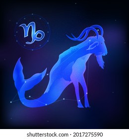 Graphic of goat. capricorn horoscope sign in twelve zodiac with galaxy background.  vector illustration.