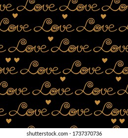 El oro gráfico y el patrón negro impecable con la palabra amor y corazones