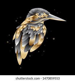 Graphic golden kingfisher bird isolated vector illustration with golden feathers