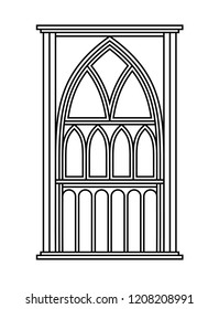 Graphic gothic window, arch illustration, linear silhouette. Black contour.