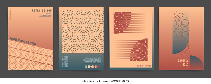 Graphic Gradient Waves Geometric Design Template Set. Best for poster, web art, brochure, identity, cover, report. Geometric gold and blue minimal concept with dynamic retro elements and waves. Vector