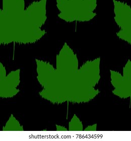 Graphic green maple leaf seamless pattern ikat style, on black  background , textile, fabric
