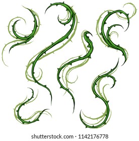 Graphic green silhouette floral rose branch with thorns. On white background. Vector icon set.