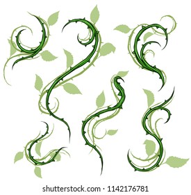 Graphic green silhouette floral rose branch with leaves and thorns. On white background. Vector icon set. Vol. 1