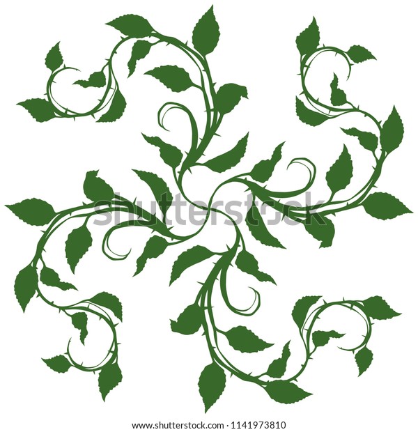 Graphic green\
silhouette floral rose branch with leaves and thorns. On white\
background. Vector icon\
set.
