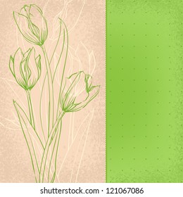 graphic green tulips on old paper. vector illustration