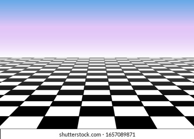 Graphic grid perspective chess background. Black silhouette on a sunset or sunrise background. flat vector illustration