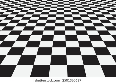 Graphic grid perspective chess background. Black silhouette on a white background.