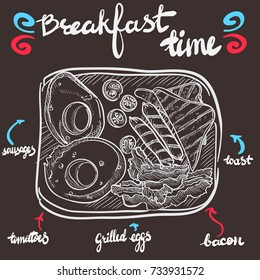 Graphic grilled eggs, bacon, tomatoes, salad,sausages. Menu design  elements and Breakfast time lettering