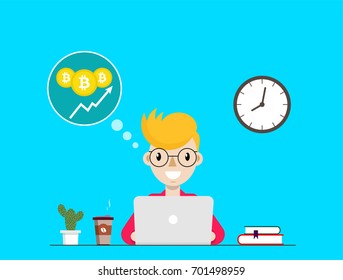 Graphic of growing course of Bitcoin. Man is working with laptop. A trader monitors prices of Bitcoin. Flat vector illustration. 