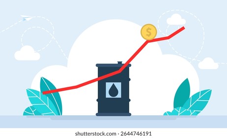 Graphic growth and oil barrel. Oil quotes are growing.  Crude oil price hike concept, oil barrels, graph. Raising prices chart, global economy, finance, stock market, commodity. Vector illustration