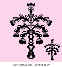 Graphic grunge black symmetrical pattern, ornamental flowers. Lost invoice. Element for design