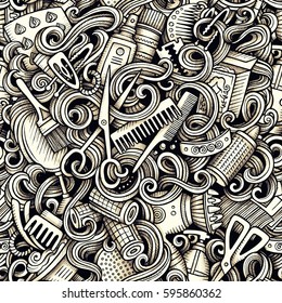 Graphic Hair salon hand drawn artistic doodles seamless pattern. Monochrome, detailed, with lots of objects vector trace background