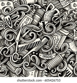 Graphic Hair salon hand drawn artistic doodles seamless pattern. Monochrome, detailed, with lots of objects vector trace background