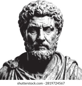 A graphic halfone rendering of a Roman emperor's bust presented with stark contrast. Ideal for historical narratives or philosophical concepts.
