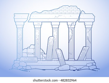 Graphic half-ruined architecture with column drawn in line art style. Ancient building isolated on the white background in blue colors.